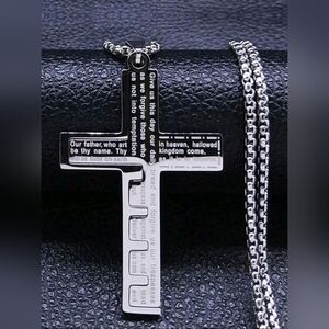 SilverTitanium Steel Cross Patchwork Design Long Necklace Unisex Sweater Chain‎